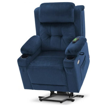 Power Lift Recliner, Massager Seat With Pillowed Arms & Cup Holders, Navy Blue