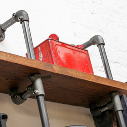 Nita Reclaimed Scaffolding Board & Dark Steel pipe Curved Shelving & Desk Unit - Desks & Writing Bureaus