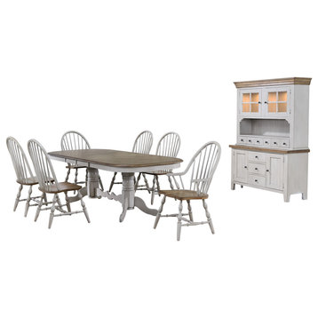 8 Piece Double Pedestal Extendable Dining Table Set, Distressed Gray/Brown Wood