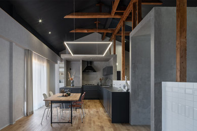 Imagen de comedor abovedado y negro de tamaño medio abierto con paredes grises, suelo de madera clara, suelo beige y papel pintado