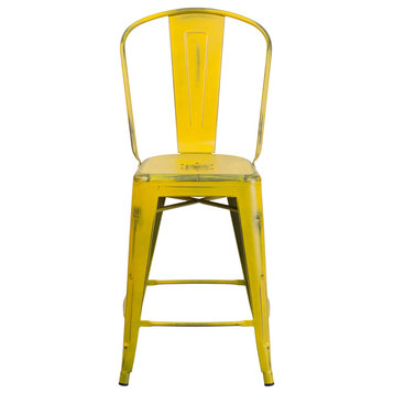 24" High Distressed Yellow Metal Indoor Counter H Stool With Back