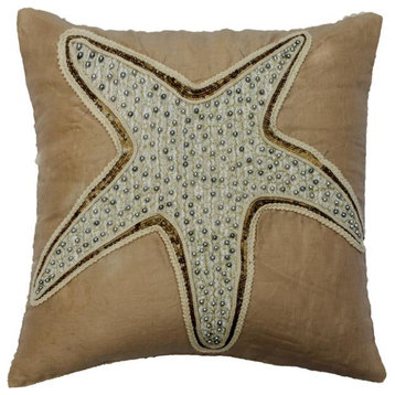 16"x16" Starfish & Beaded Lace Beige Linen Cushion Cover, Starfish Spectrum