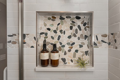 Inspiration for a country yellow tile and porcelain tile bathroom remodel in Other with flat-panel cabinets, quartzite countertops and white countertops