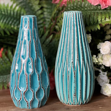 Turquoise Blue Crackled Glazed Vases, Set of 2