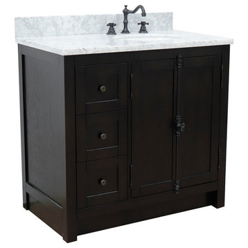 37" Single Vanity, Brown Ash With White Carrara Top, Right Doors/Right Oval Sink