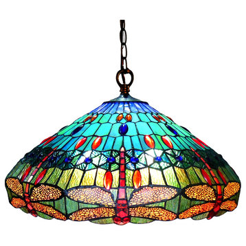 SCARLET, Tiffany-style 3 Light Dragonfly Hanging Pendant Lamp, 24" Shade
