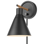 Globe Electric - Tristan 1-Light Matte Black Faux Walnut Dimmable Plug-In or Hardwire Wall Sconce - The Tristan Collection by Globe Electric offers modern design for every decor style. With a trendy cone shade and a stepless rotary dimmer switch, this plug-in or hardwire wall sconce offers ideal lighting for any time of the day. Perfect for a living room, bedroom, home office or den, the matte black finish and faux wood accent bar offers a lofty chic style that complements your existing decor. The stepless rotary dimmer switch allows you to seamlessly move through different levels of light to choose what you need for any given situation. Plug it in or hardwire it in place and enjoy unique lighting for years to come.