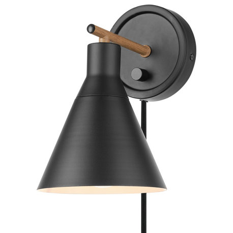 Tristan 1-Light Matte Black Faux Walnut Dimmable Plug-In or Hardwire Wall Sconce