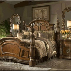 AICO Furniture - Villa Valencia 4-Piece Poster Bedroom Set in Chestnut - 72015-5 - Bedroom Furniture Sets