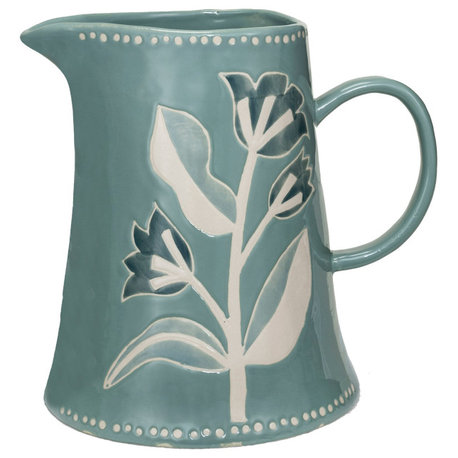 Hand-Painted Stoneware Pitcher With Wax Relief Pattern, Blue