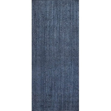 Farmhouse Area Rug, Hand Woven Braided Pure Jute In Navy Blue Finish, 2' X 16'