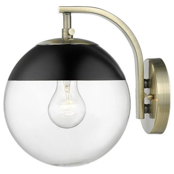 Dixon Sconce in Aged Brass with Clear Glass and Black Cap