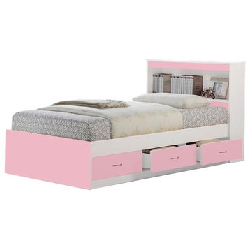 Hodedah Twin Captain Bed With 3-Drawers and Headboard, Pink