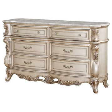 Acme Gorsedd 6-Drawer Wooden Dresser with Marble Top in Golden Ivory