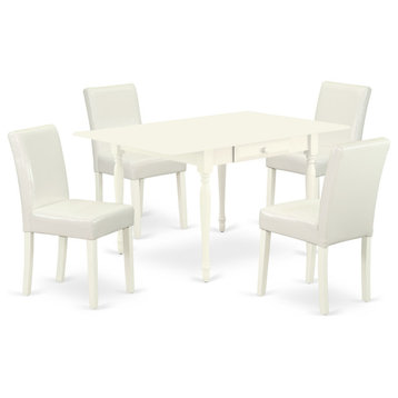5-Piece Wood Dining Set, Table, 4 Chairs, White PU Leather, Drop Leaf Table