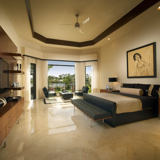 Inspiration for a contemporary bedroom in Detroit with white walls and marble floors.