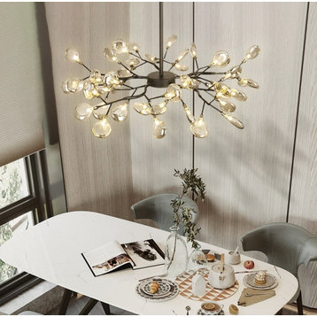 Gold/Black Nordic design flower LED chandelier for bedroom, living room, Black, 36 Bulbs, Smoky Acrylic Shade, Warm Light