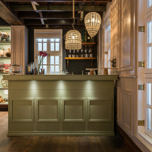 ムンバイのエクレクティックスタイルのおしゃれなウェットバー (緑のキャビネット、黒いキッチンパネル、濃色無垢フローリング、茶色い床) の写真