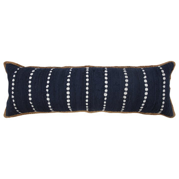 Ox Bay Handwoven Blue/White Bordered Cotton Blend Pillow Cover, 14"x36"