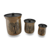Crackled Finish Brown Olive Tree Porcelain Canisters Set of 3