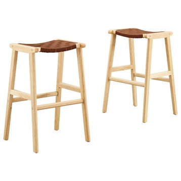 Modway Saoirse 29.5" Faux Leather & Wood Bar Stool in Natural/Brown (Set of 2)