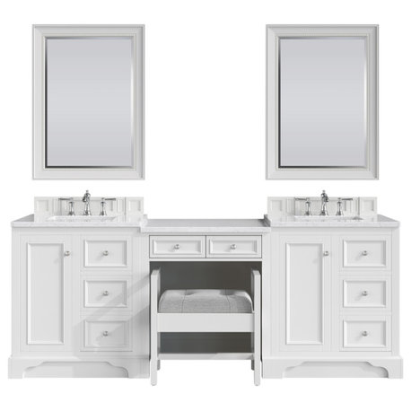 De Soto 90" Bright White Double Vanity Deluxe Set, 3cm Jasmine Pearl Top
