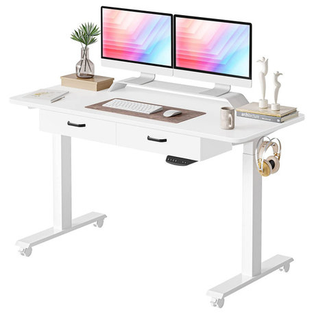 Electric Desk, Rectangular Top With Adjustable Height and Spacious Drawers, Whit