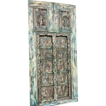 Consigned Vintage India Carved Sliding Door, Whitewash Antique Barn Door, 84.5