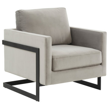 LeisureMod Lincoln Modern Velvet Arm Chair With Black Steel Frame, Light Gray
