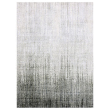 Gray Vertical Ombre Design Pure Silk Textured Wool Hand Knotted Rug 10'x14'