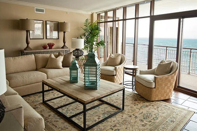 Living room - mid-sized transitional open concept ceramic tile living room idea in San Francisco with beige walls, a standard fireplace and a stone fireplace