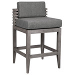 Armen Living - Vivid Outdoor Patio Bar Stool, Gray Eucalyptus Wood With Gray Olefin Cushions - Introducing the Vivid Outdoor Patio Bar or Counter Stool  a harmonious blend of sophistication and resilience crafted to elevate your outdoor entertaining experience. Meticulously designed with an emphasis on both style and durability, this stool becomes the focal point of your patio or outdoor bar area, seamlessly combining the enduring charm of Eucalyptus wood with the practicality of water-resistant and UV-resistant features. Crafted from durable Eucalyptus wood, the Vivid Outdoor Patio Bar or Counter Stool not only exudes timeless elegance but also promises lasting durability. The versatile design makes it a perfect match for both bar and counter heights, adapting effortlessly to your outdoor space's specific needs. Designed for those who appreciate the outdoors, this stool boasts water-Eucalyptus and UV-resistant frame and upholstery, ensuring it withstands the elements with grace. Whether soaking up the sun or facing unexpected rain, the Vivid Bar or Counter Stool remains a steadfast companion for your outdoor entertaining. Sink into the plush Olefin cushions, available in a neutral tone, providing a comfortable and inviting seat for your guests. With water-resistant capabilities and easily removable covers, maintaining the freshness and allure of your outdoor entertaining space has never been easier. Create a welcoming atmosphere in your outdoor bar or counter area with the Vivid Outdoor Patio Bar or Counter Stool in Eucalyptus Wood. Its sleek and versatile design complements various outdoor settings, making it an ideal choice for those seeking a perfect balance of style and functionality. The Vivid Barstool collection is available in your choice of gray or taupe Olefin fabric in 26 inch and 30 inch seat heights.