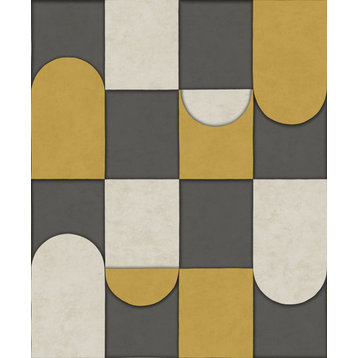3D Patchwork Geometric Wallpaper, Anthracite & Ochre, Double Roll