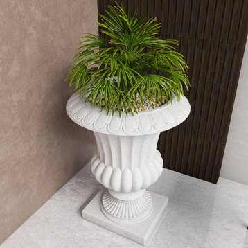 Lotus Urn Planter, Fiberglass and Clay With Drainage Holes, White