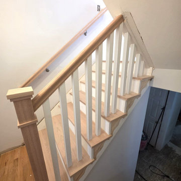 New Red Oak Stair Treads with White Risers and Custom All-Wood Railing
