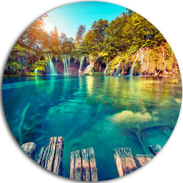 Blue Waters In Plitvice Lakes, Landscape Photo Round Metal Artwork, 23"