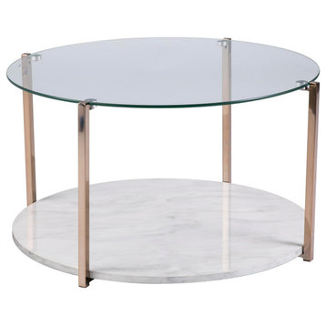 Elegant Round Coffee Table, Faux Marble Shelf With Golden Support & Glass Top