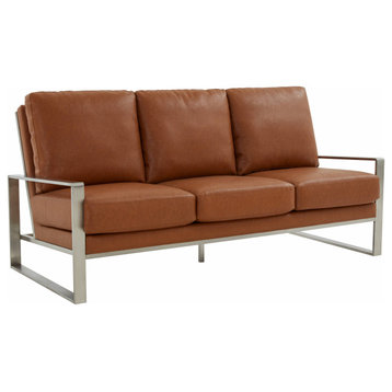 LeisureMod Jefferson Modern Faux Leather Sofa With Silver Frame, Cognac Tan