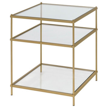 Contemporary End Table, Slim Metal Legs With Golden Finish & Square Glass Tiers