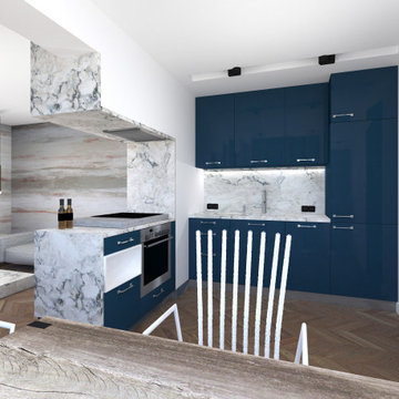 Navy blue and grey modern open kitchen and living room