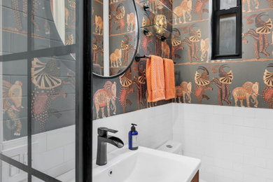 Inspiration for a mid-sized shabby-chic style master multicolored tile and ceramic tile ceramic tile, black floor, single-sink and wallpaper alcove shower remodel in New York with flat-panel cabinets, brown cabinets, quartzite countertops, a hinged shower door, white countertops and a floating vanity