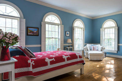 Inspiration for a large timeless master medium tone wood floor bedroom remodel in Other with blue walls