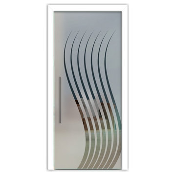 Frameless Glass Pocket Sliding Door With Frosted Design, 32"x81", T Handle, Semi-Private