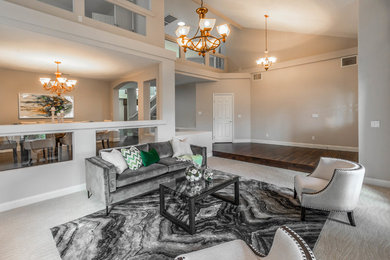 Living room - large traditional formal and enclosed carpeted and white floor living room idea in Las Vegas with white walls, a standard fireplace and a stone fireplace