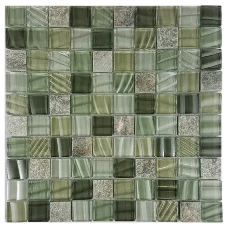 New Era II 1"x1" Square Glass and Stone Mosaic Tile,Green, Set of 11