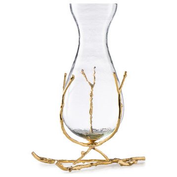 Glass Vase, Gold Twig Base, 11"x8"x14"