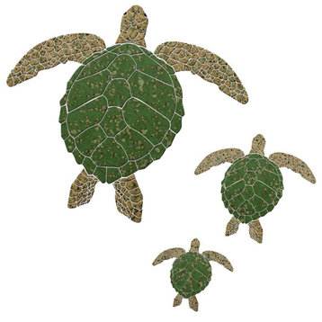 Turtle Family Ceramic Swimming Pool Mosaic without shadows, Green/Brown