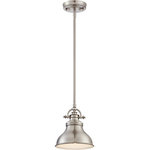 Quoizel Lighting - Quoizel Lighting ER1508BN Emery - 1 Light Mini Pendant - This metal-shaded fixture is an elegant nod to the past.  The classic Americana styling adds a nostalgic flair to your home.  When hung over a kitchen island or dinette table it provides ample lighting for all your daily tasks.  It is available in three fabulous finishes.  Canopy Included: TRUE  Cord Length: 120.00  Canopy Diameter: 5.00  Rooms: KitchenEmery One Light Mini Pendant Brushed Nickel *UL Approved: YES *Energy Star Qualified: n/a  *ADA Certified: n/a  *Number of Lights: Lamp: 1-*Wattage:100w A19 Medium Base bulb(s) *Bulb Included:No *Bulb Type:A19 Medium Base *Finish Type:Brushed Nickel