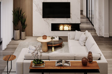 Family room - large contemporary family room idea with a corner fireplace