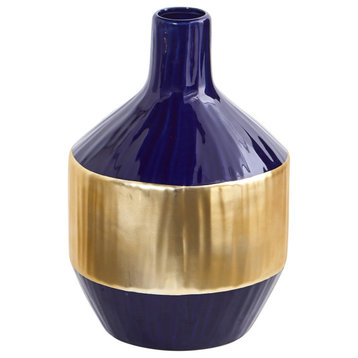 9" Lux Blue Ceramic Vase With Gold Band
